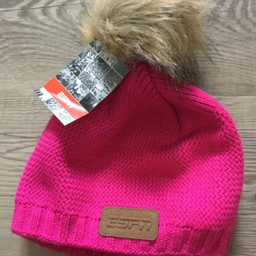 NEW ESPN Women's Passion Pink Faux Fur Knit Beanie Winter Hat Fleece Lined NWT